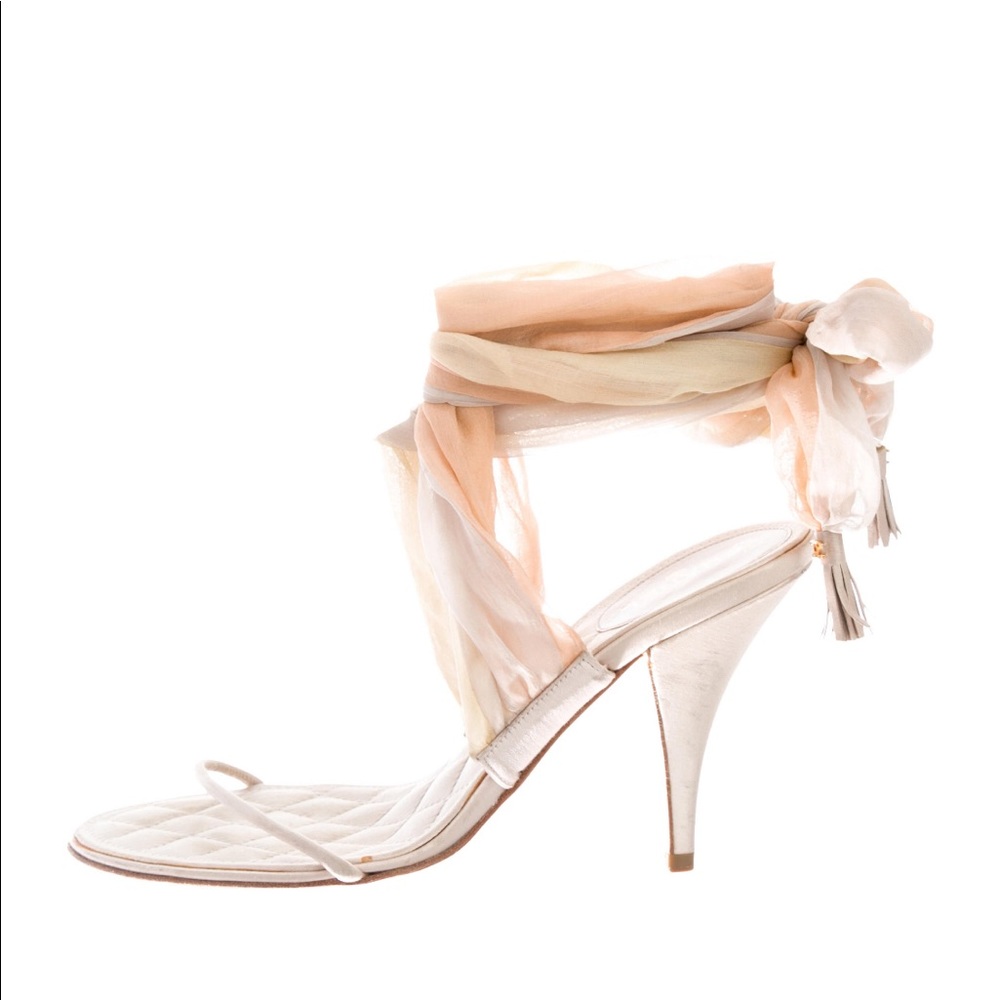 Authentic Chanel Satin Lace Up Sandals Heels 8.5
